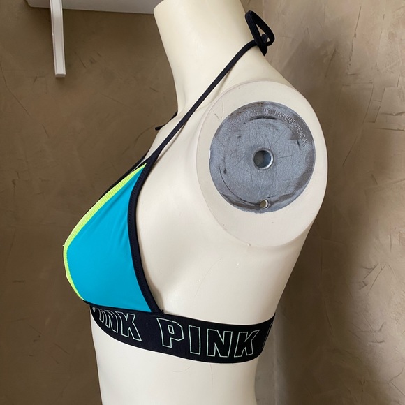 Victoria Secret PINK Swim Bikini Top XS Teal Yellow Banded Logo Triangle Halter - Picture 4 of 10
